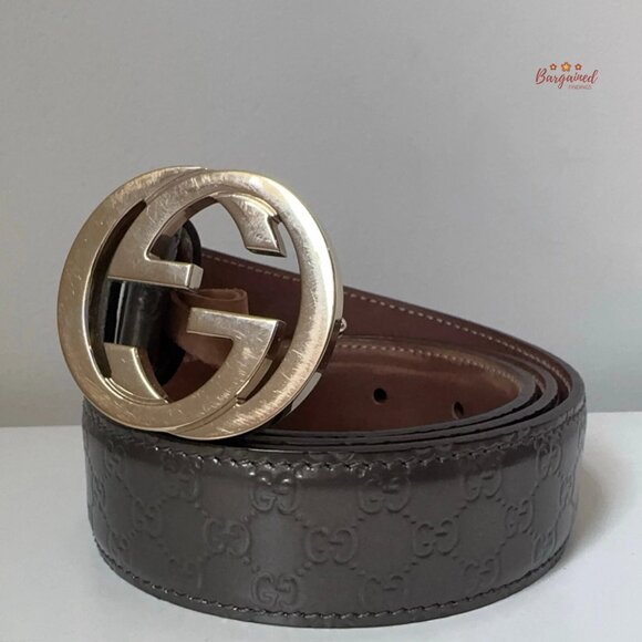 Authentic Gucci Gray Metallic Guccissima Leather Gold GG Buckle Belt 80/32 - Picture 12 of 13